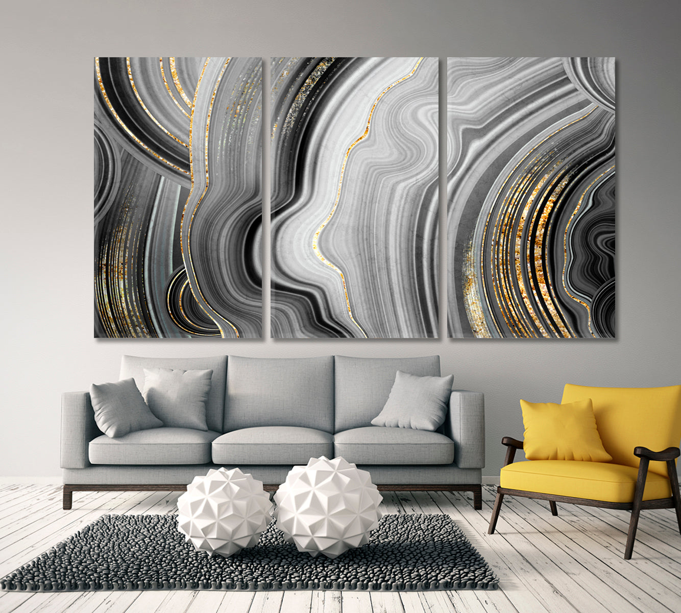 MARBLE EFFECT series GREY BLACK & Gold Abstract Swirl Artistic Design Giclée Print Fluid Art, Oriental Marbling Canvas Print Artesty 3 panels 36" x 24" 