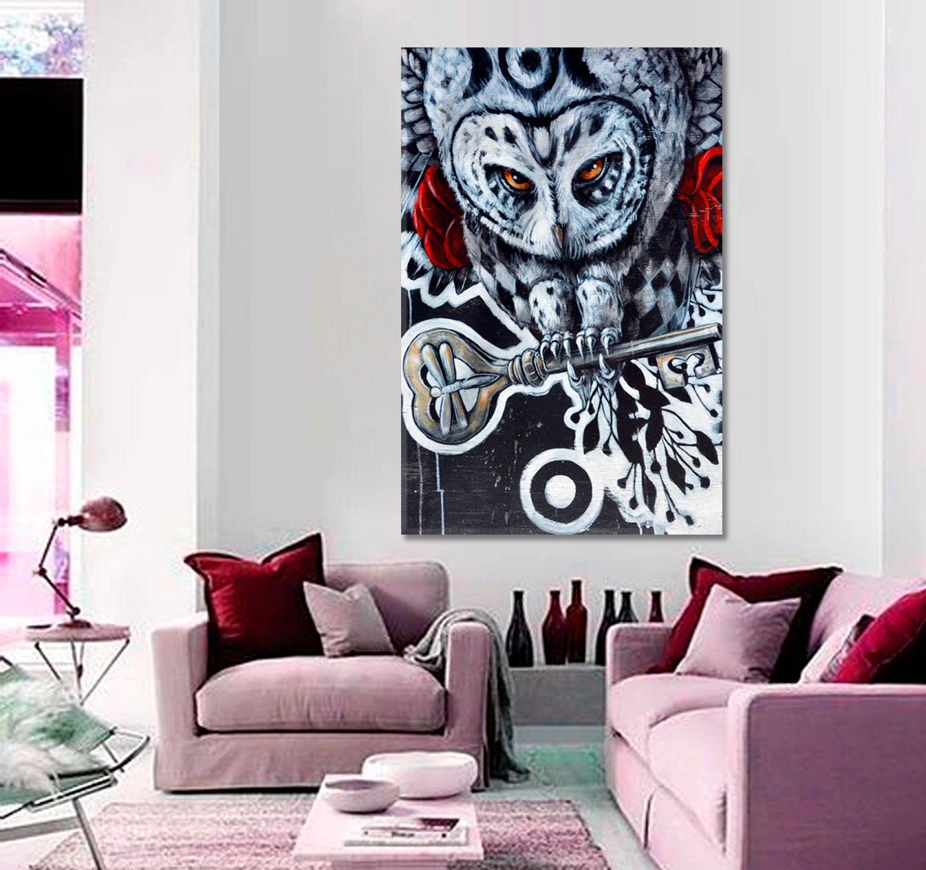 OWL AND KEY Secrets Keeper, Wisdom Honor Knowledge Urban Graffiti Street Art Canvas Print - Vertical Street Art Canvas Print Artesty   