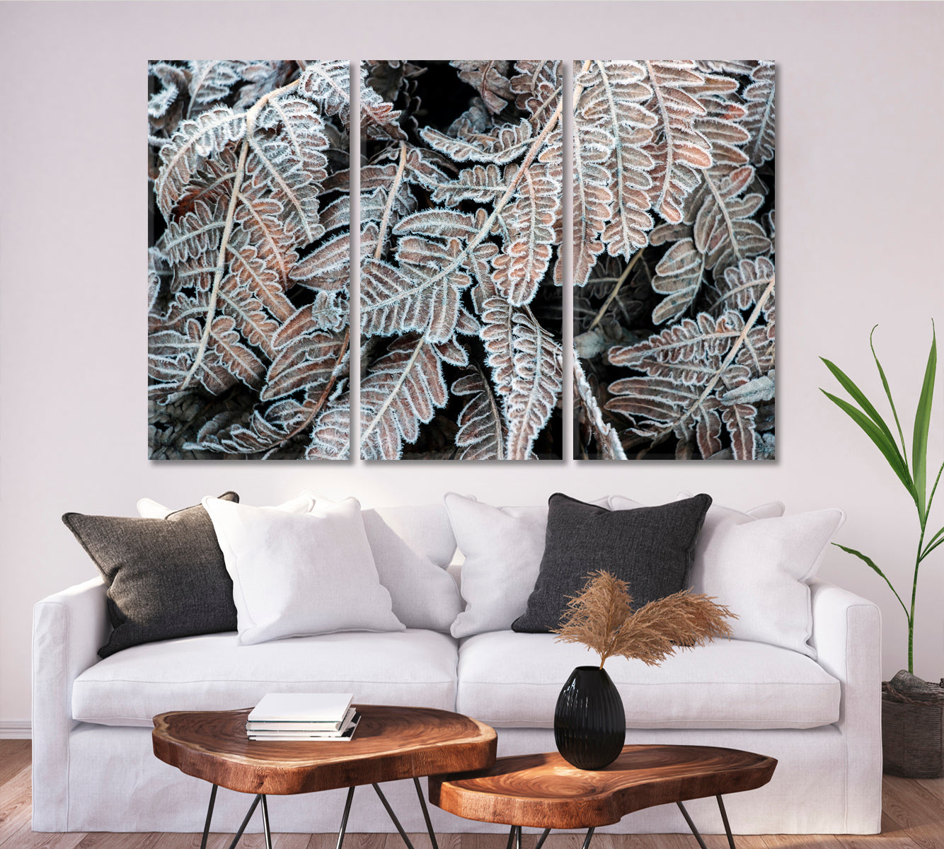 WINTER Frost on Brown Leaf Floral & Botanical Split Art Artesty 3 panels 36" x 24" 