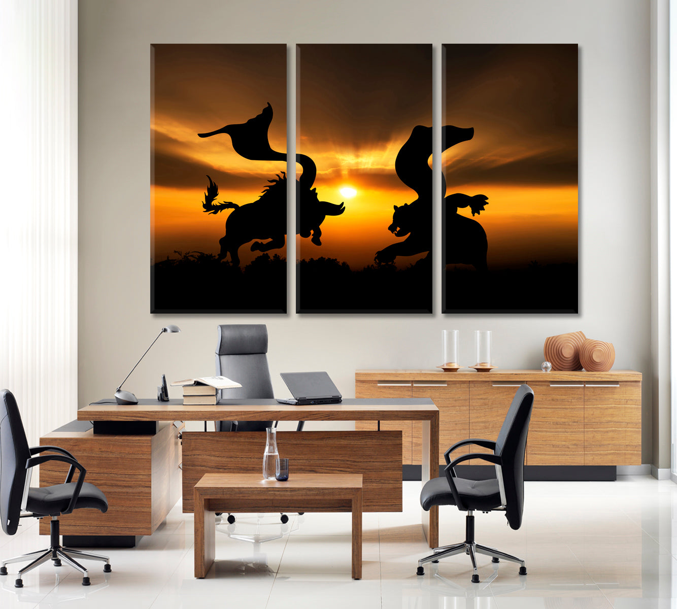 BULL AND BEAR ICON Business Market Stock Finance Exchange Office Wall Art Canvas Print Artesty 3 panels 36" x 24" 