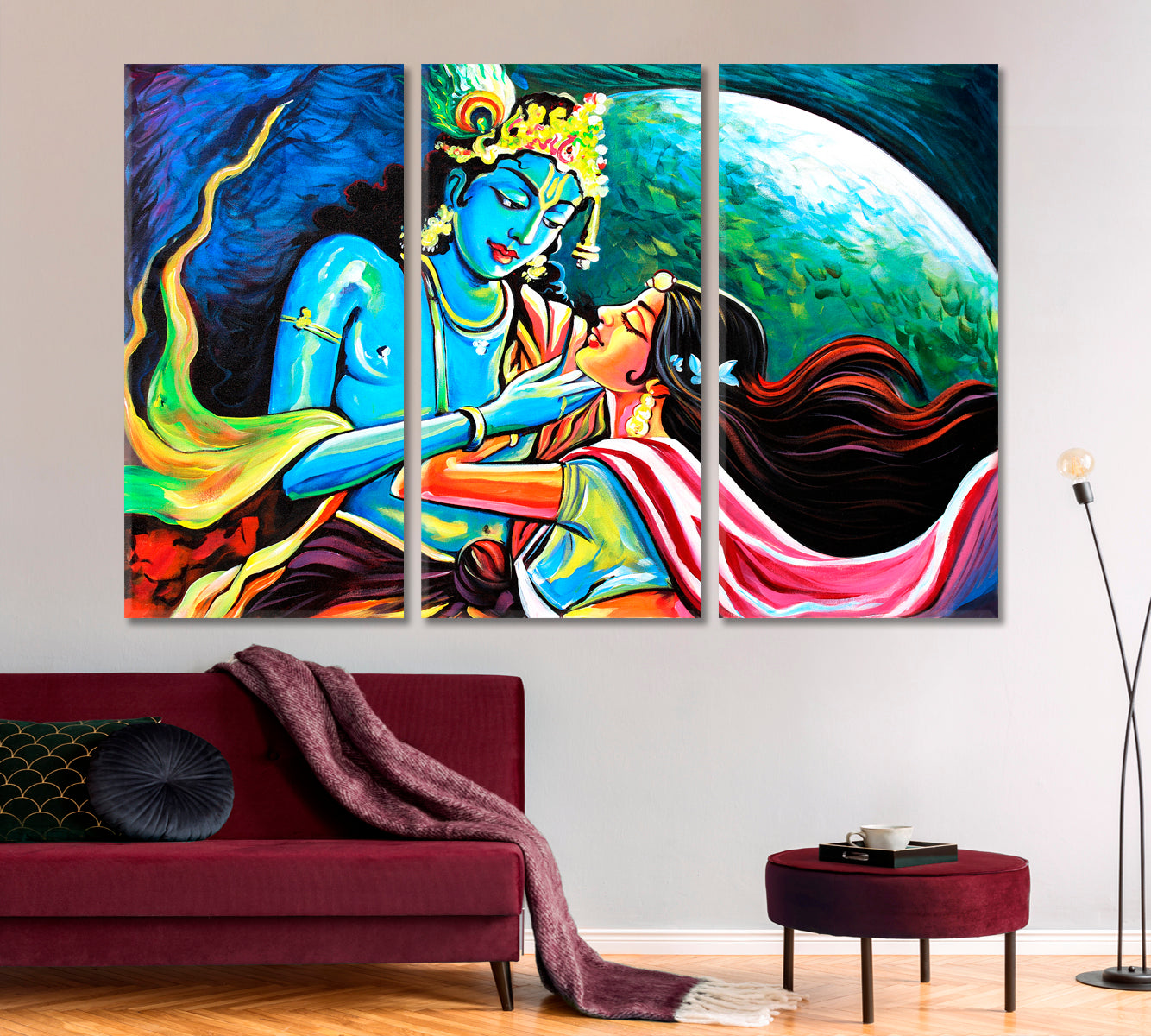 Lord Radha Krishna Hindu Religious Poster Religious Modern Art Artesty 3 panels 36" x 24" 