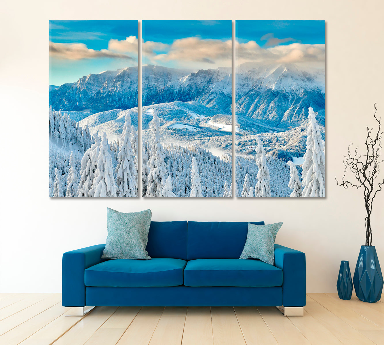 Mountain Winter Landscape Over The Ski Slope Panoramic View Poster Scenery Landscape Fine Art Print Artesty 3 panels 36" x 24" 