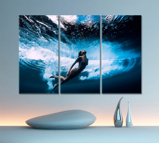 UNDERWATER | Diver Under-barrel Wave Canvas Print Nautical, Sea Life Pattern Art Artesty 3 panels 36" x 24" 