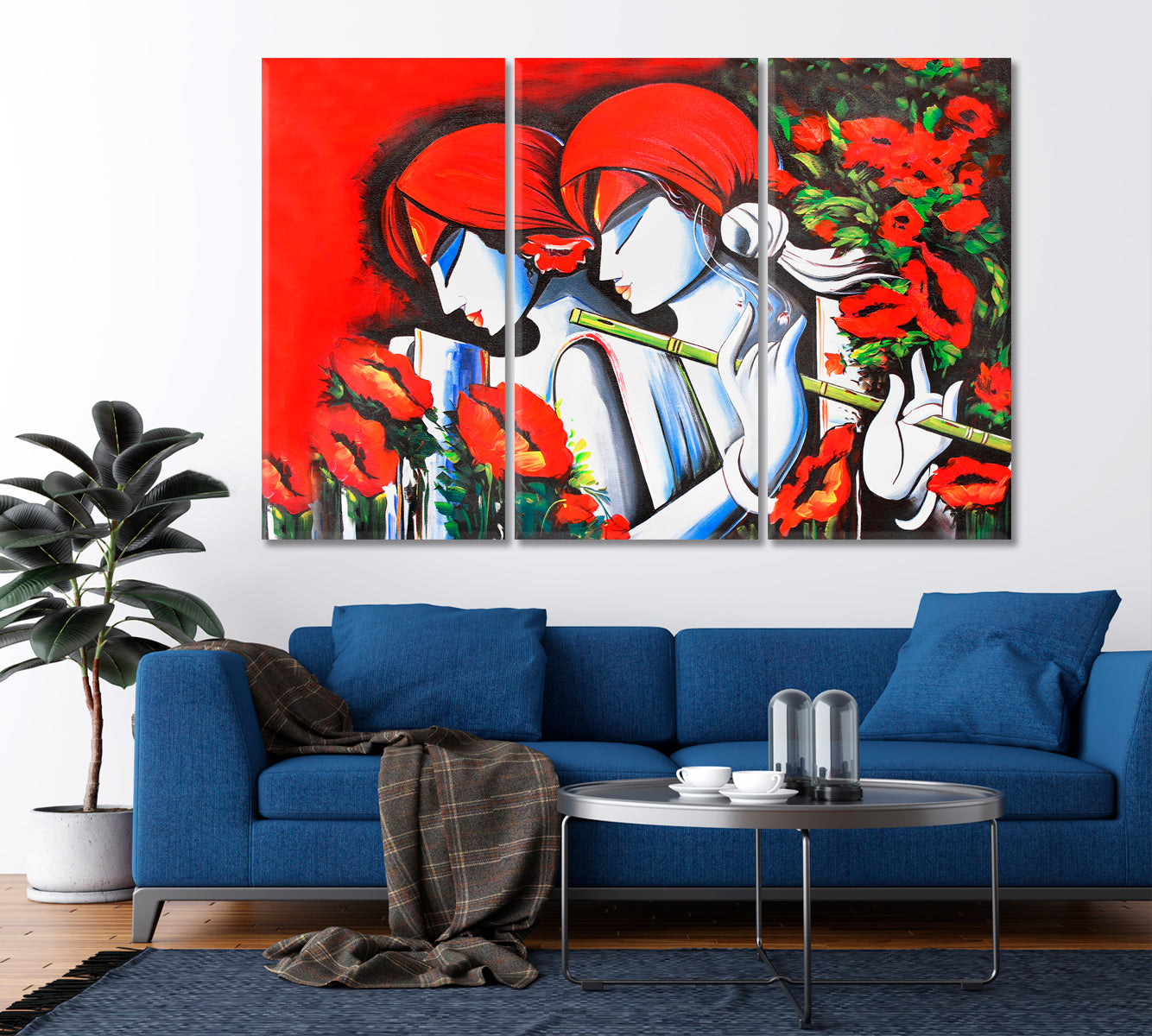 Abstract Vivid Lord Radha Krishna with Flute Religious Modern Art Artesty 3 panels 36" x 24" 