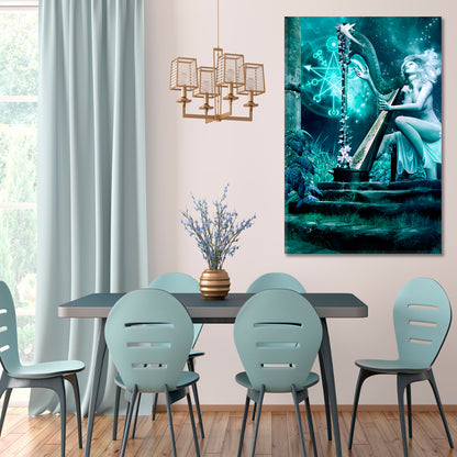 Fairy Harp Music Night Fantasy Scenery with a Girl Playing Harp Canvas Print - Vertical Surreal Fantasy Large Art Print Décor Artesty   