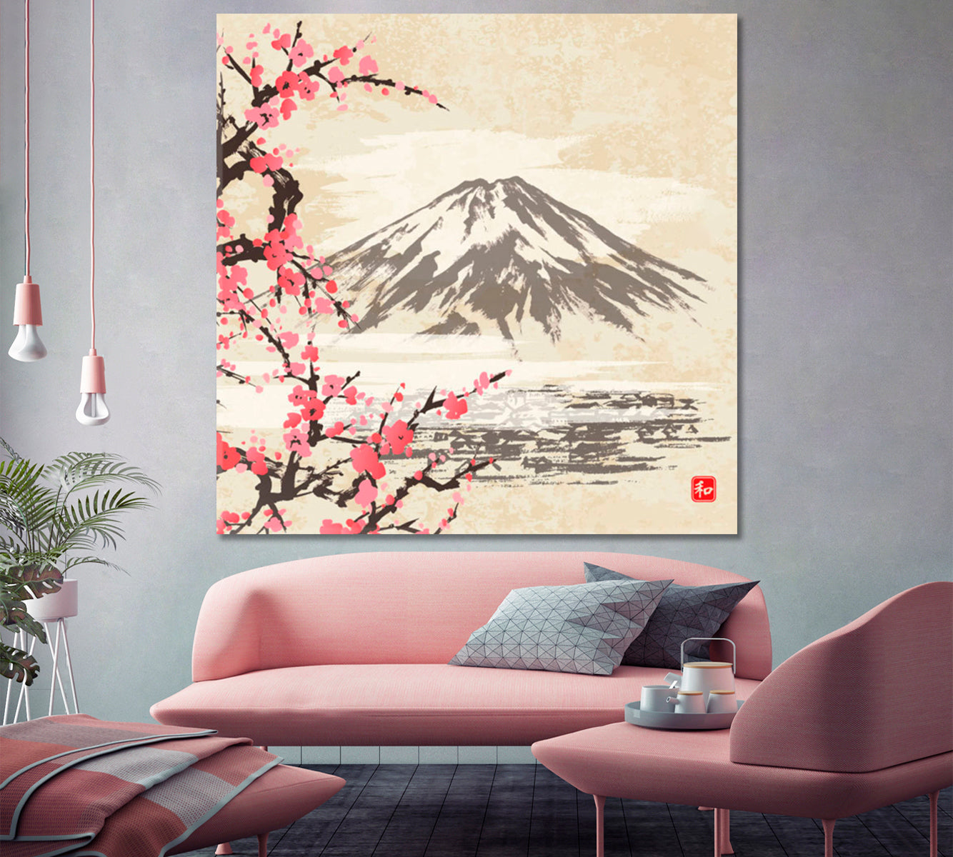 HARMONY Mountain Fuji Sakura Japanese Cherry Blossom Trees Style Oriental Canvas Print - Square Asian Style Canvas Print Wall Art Artesty   