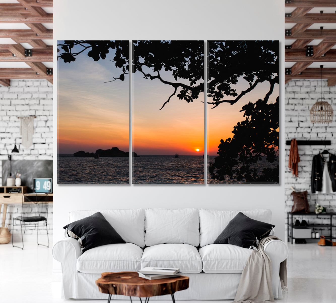 Bright Red Sunset Tropical Island Coast in Indian Ocean Landscape Scenery Landscape Fine Art Print Artesty 3 panels 36" x 24" 