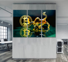 Bitcoin and Bull Business Concept Wall Art Artesty 3 panels 36" x 24" 