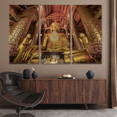 Giant Golden Buddha Thailand Religious Modern Art Artesty 3 panels 36" x 24" 