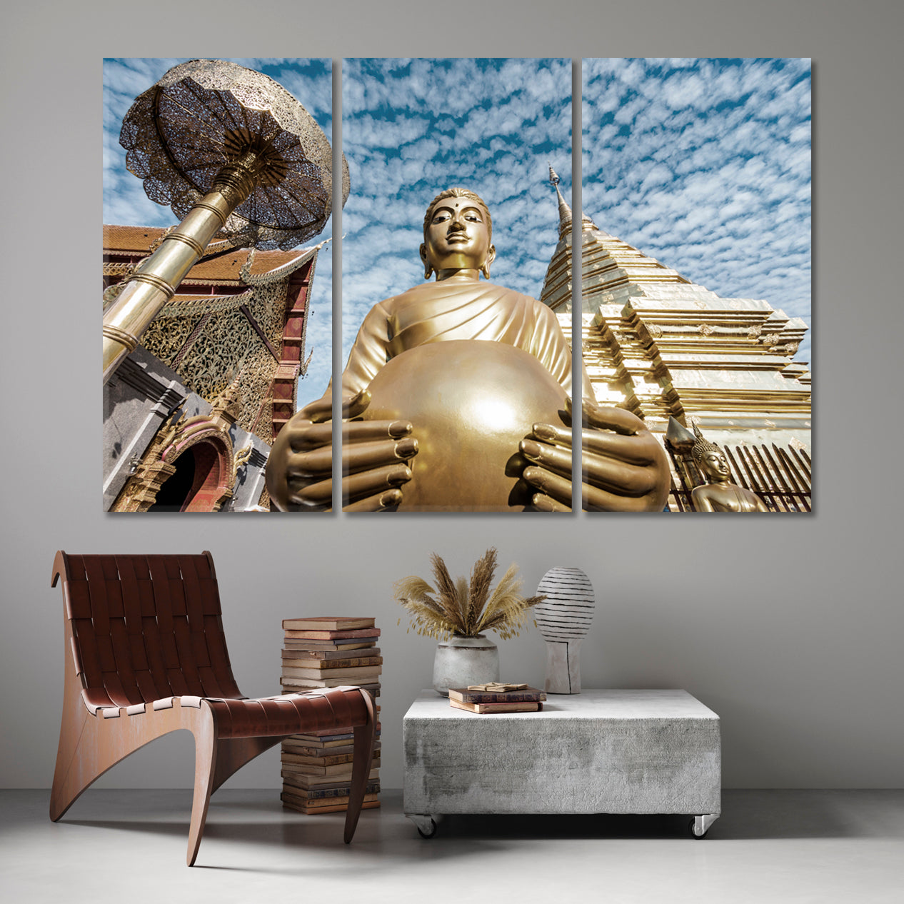 Buddhist Temple Chiang Mai Thailand Religious Modern Art Artesty 3 panels 36" x 24" 