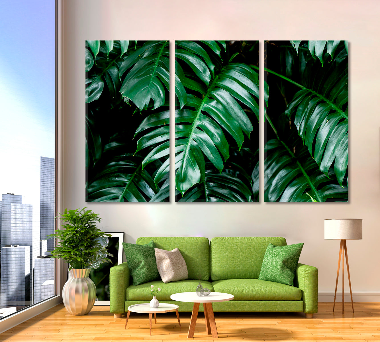 TROPICAL GREEN HOME Tropical Deep Forest Leaves Jungle Green Plant Wet in Rainforest Tropical, Exotic Art Print Artesty 3 panels 36" x 24" 