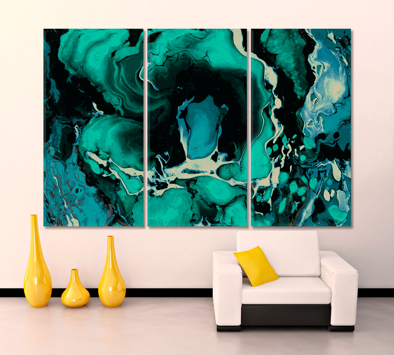 TEAL BLUE GREEN MIX Abstract Wavy Forms Fractal Futuristic Pattern Fluid Art, Oriental Marbling Canvas Print Artesty 3 panels 36" x 24" 