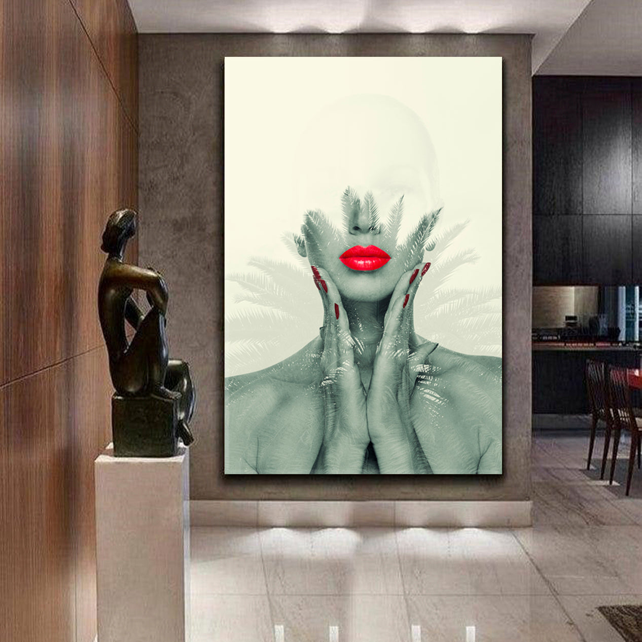 MODERN ABSTRACT ART Beautiful Woman Red Lips Tropical Palms Contemporary Art Artesty   