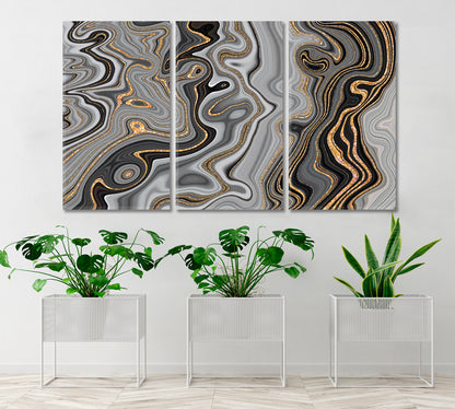 Abstract Gray & Golden Veins Marble Giclée Print Fluid Art, Oriental Marbling Canvas Print Artesty 3 panels 36" x 24" 