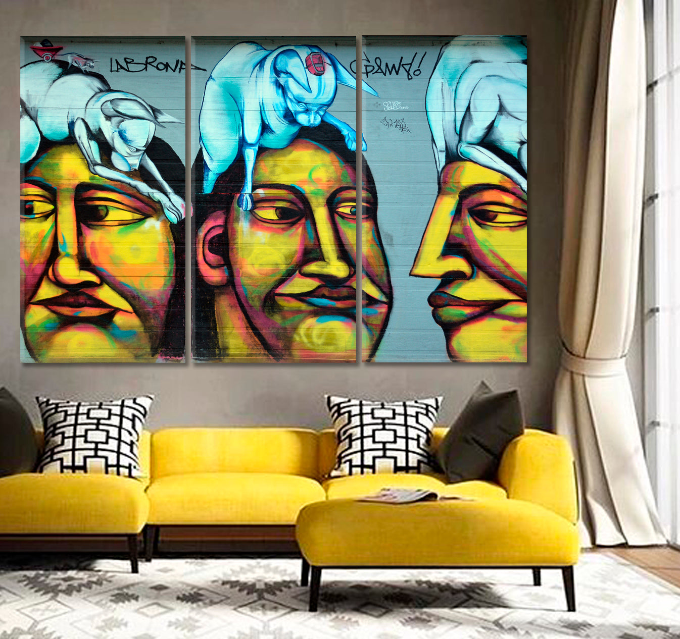 WOMAN AND SPHYNX CAT Street Art Alien Abstract Vibrant Graffiti Montreal Canada Canvas Print Street Art Canvas Print Artesty 3 panels 36" x 24" 