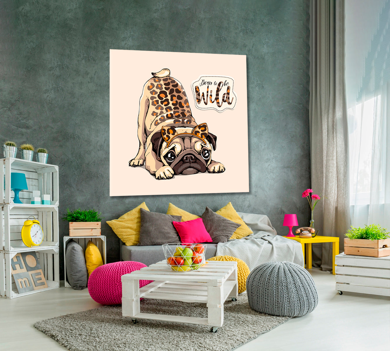 BORN TO BE WILD Cute Pug Funny Dog Whimsical Animal Canvas Print | Square Panel Animals Canvas Print Artesty   