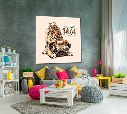 BORN TO BE WILD Cute Pug Funny Dog Whimsical Animal Canvas Print | Square Panel Animals Canvas Print Artesty   