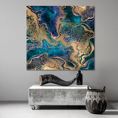 NAVY BLUE WITH GOLD EFFECT Persian Marble Swirls Luxury Pattern Trendy Canvas Print - Square Fluid Art, Oriental Marbling Canvas Print Artesty   