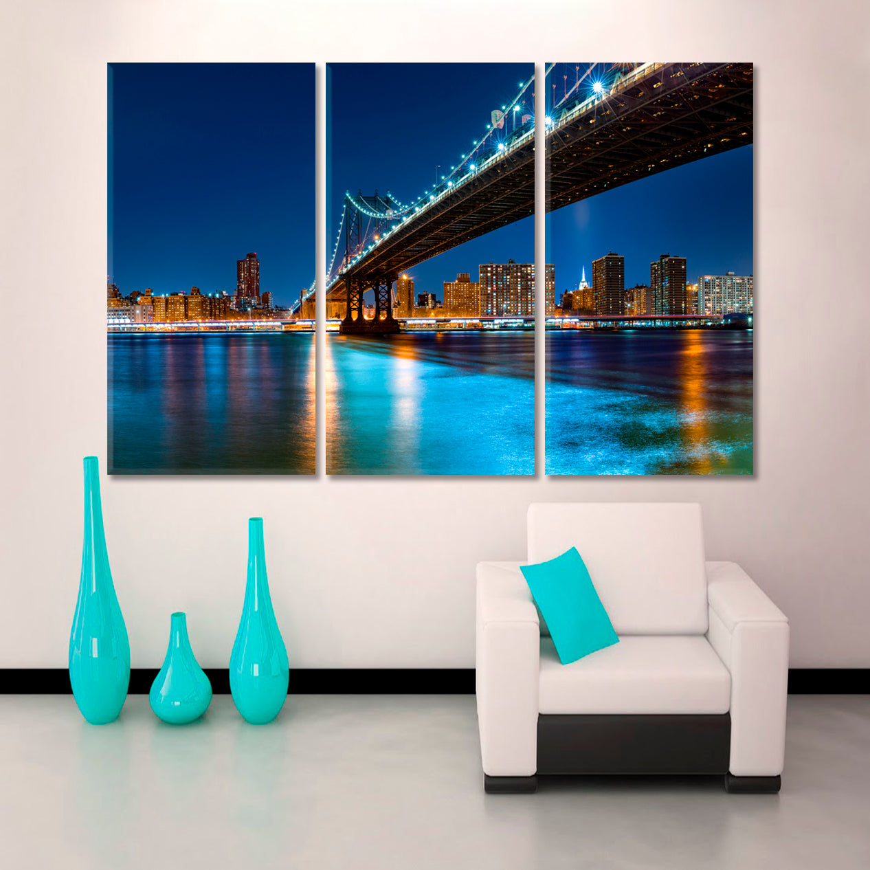 New York City Skyline Manhattan Bridge Night Panorama Cities Wall Art Artesty   