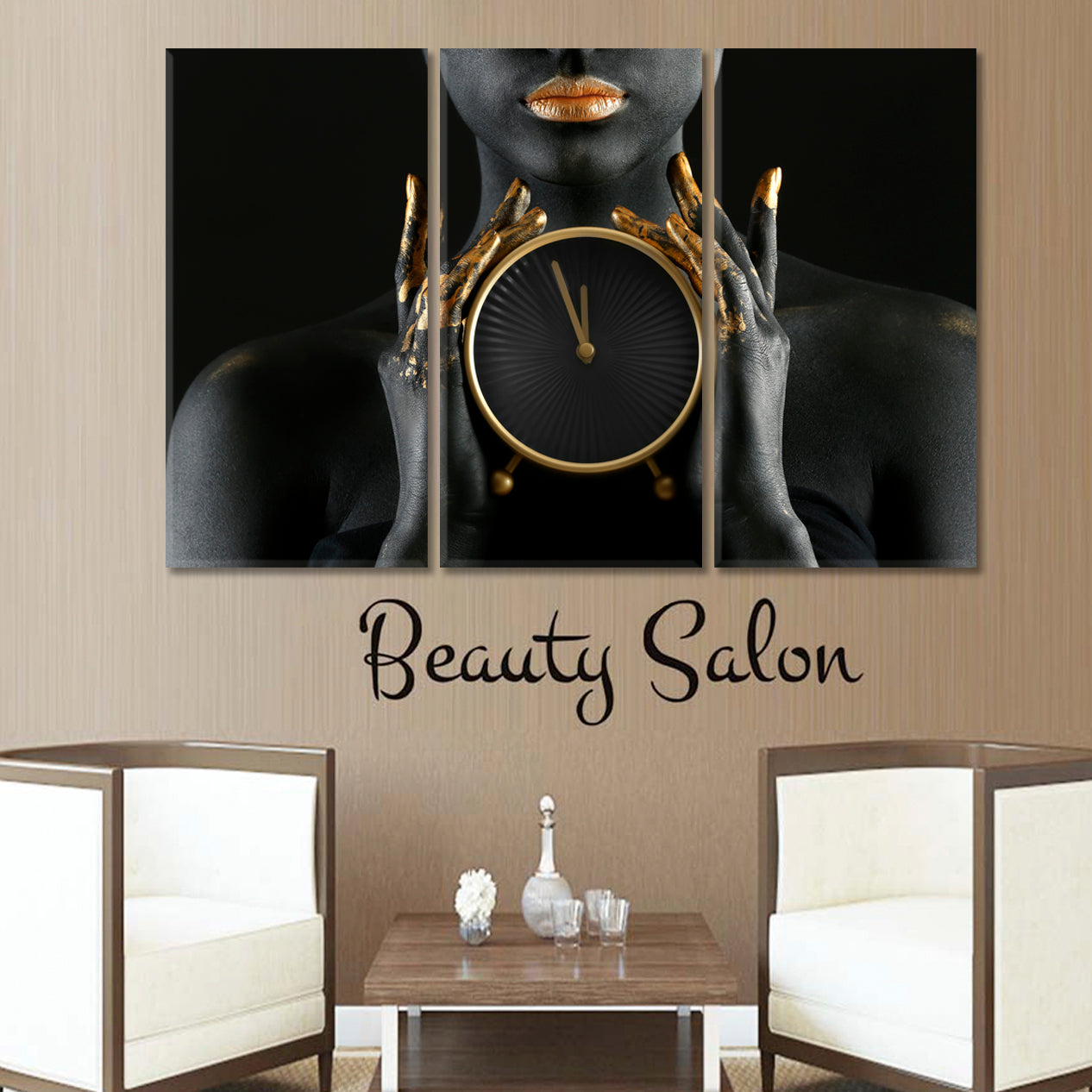 TIME FOR BEAUTY Beautiful Woman & Clock Black Gold Paint Beauty Salon Artwork Prints Artesty 3 panels 36" x 24" 