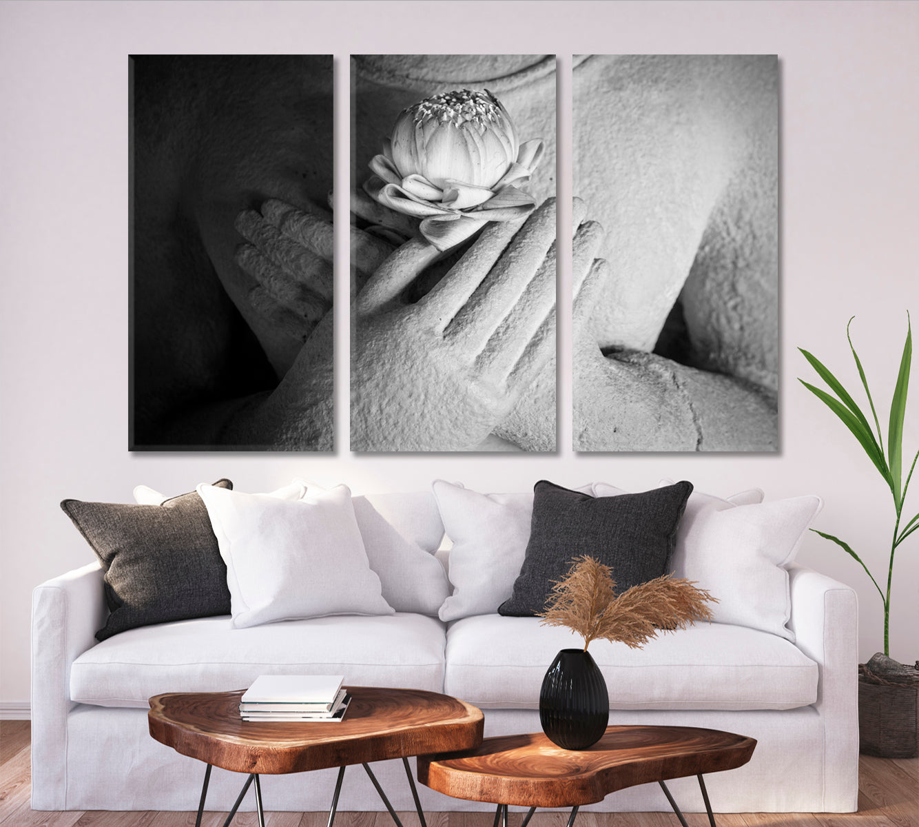 Lotus Buddha Hands Black and White Spiritual Poster Religious Modern Art Artesty 3 panels 36" x 24" 