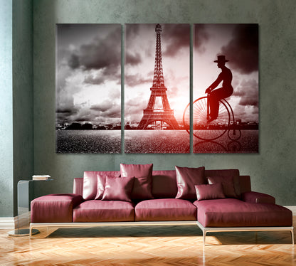 Man on a Retro Bicycle Eiffel Tower Paris France Black & White Vintage Canvas Print Vintage Affordable Canvas Print Artesty 3 panels 36" x 24" 