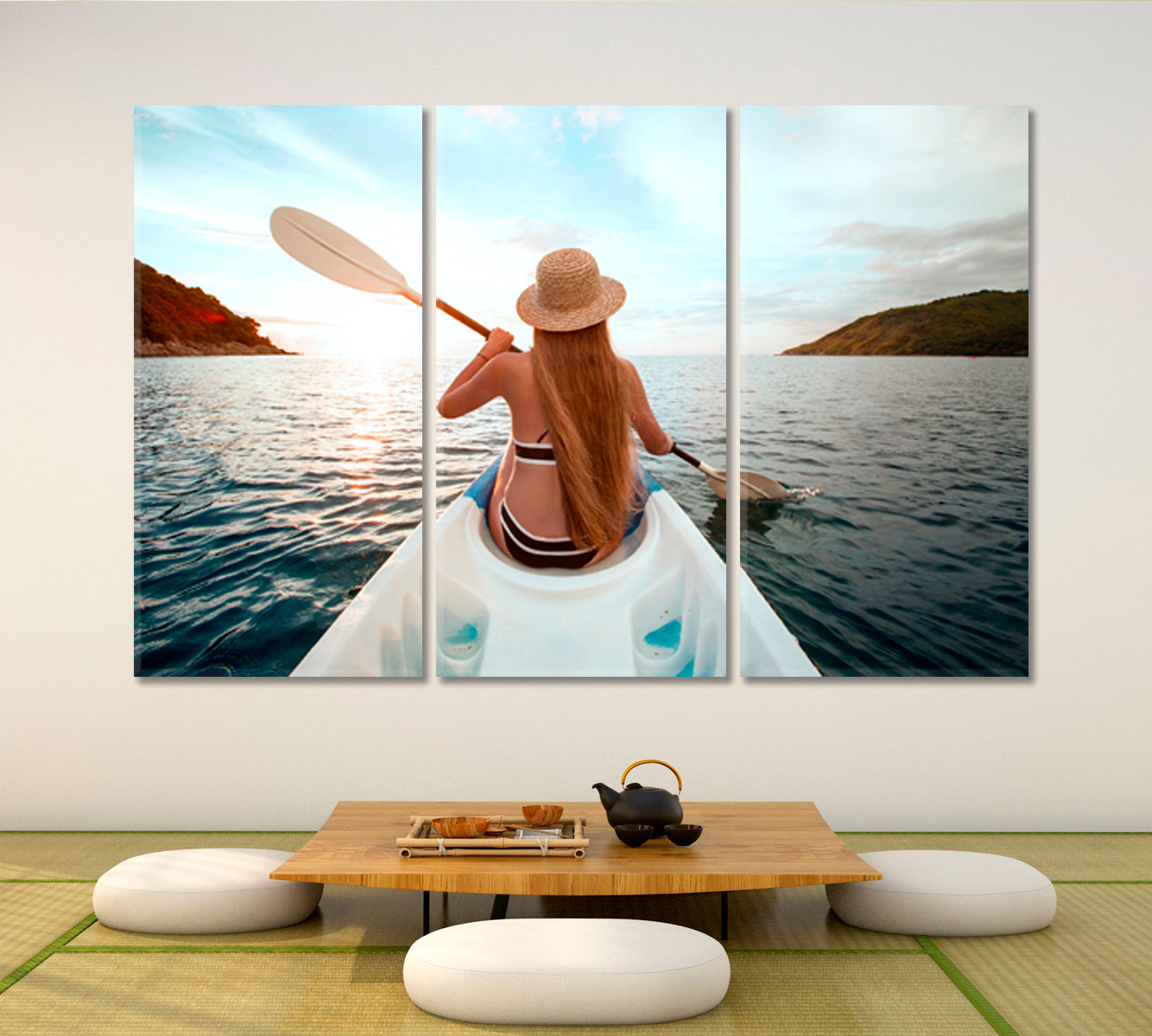 ADVENTURE Canoe Kayak Young Woman Boat Water Sport Active Lifestyle Concept Traveling Around Ink Canvas Print Artesty 3 panels 36" x 24" 