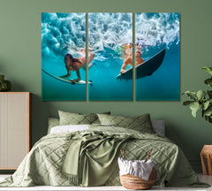WATER SPORT Surfer Ocean Sea Big Wave Extreme Surfing Dive Nautical, Sea Life Pattern Art Artesty 3 panels 36" x 24" 