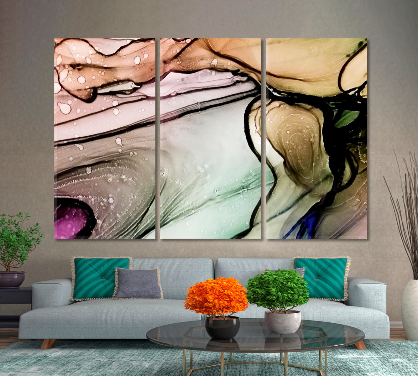 Transparent Clouds of Inks Fluid Art, Oriental Marbling Canvas Print Artesty 3 panels 36" x 24" 