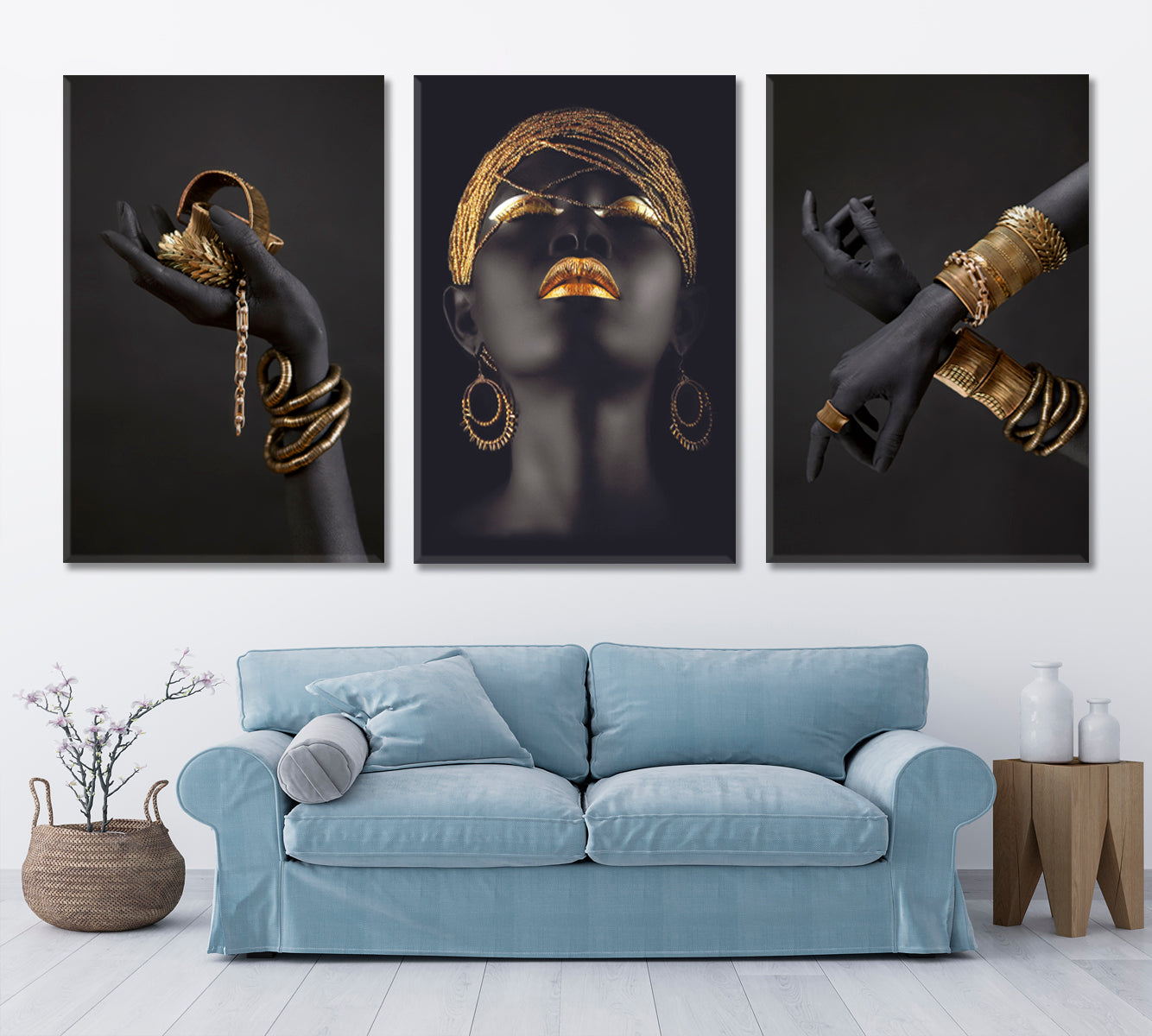 Black Woman Hand Gold High Fashion Art Luxury SET 3 Vertical Panels Abstract Art Print Artesty   