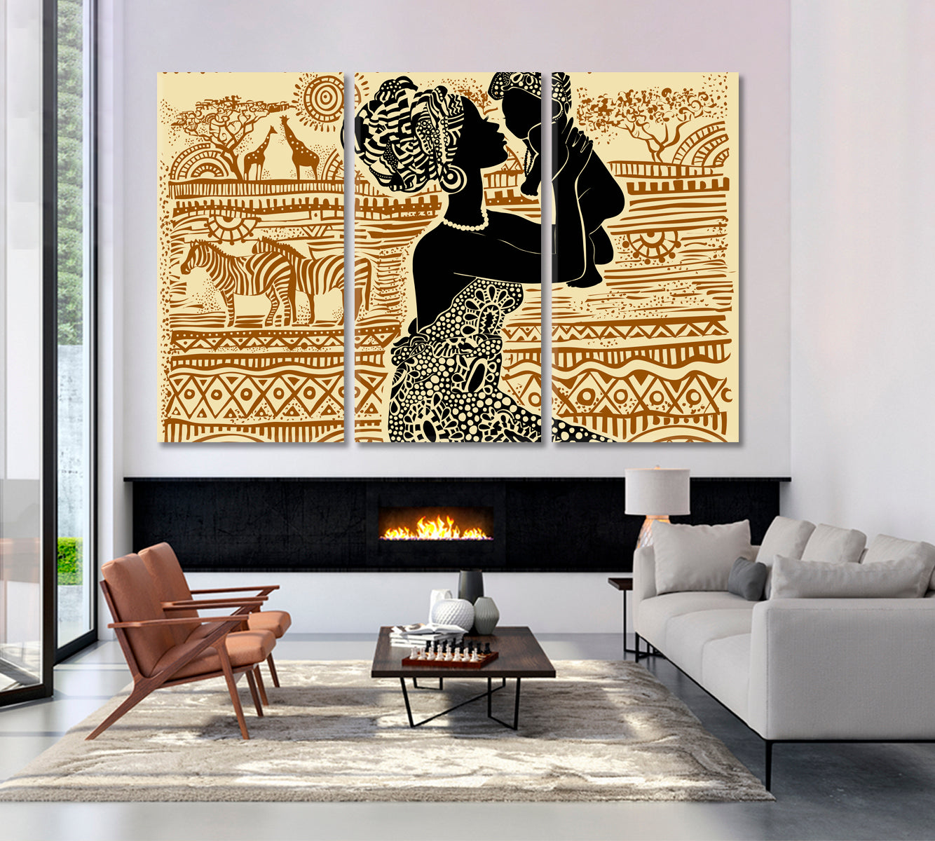 African Ethnic Retro Style, Beautiful African Black Woman With a Baby Sierra Leone Abstract Art Print Artesty 3 panels 36" x 24" 