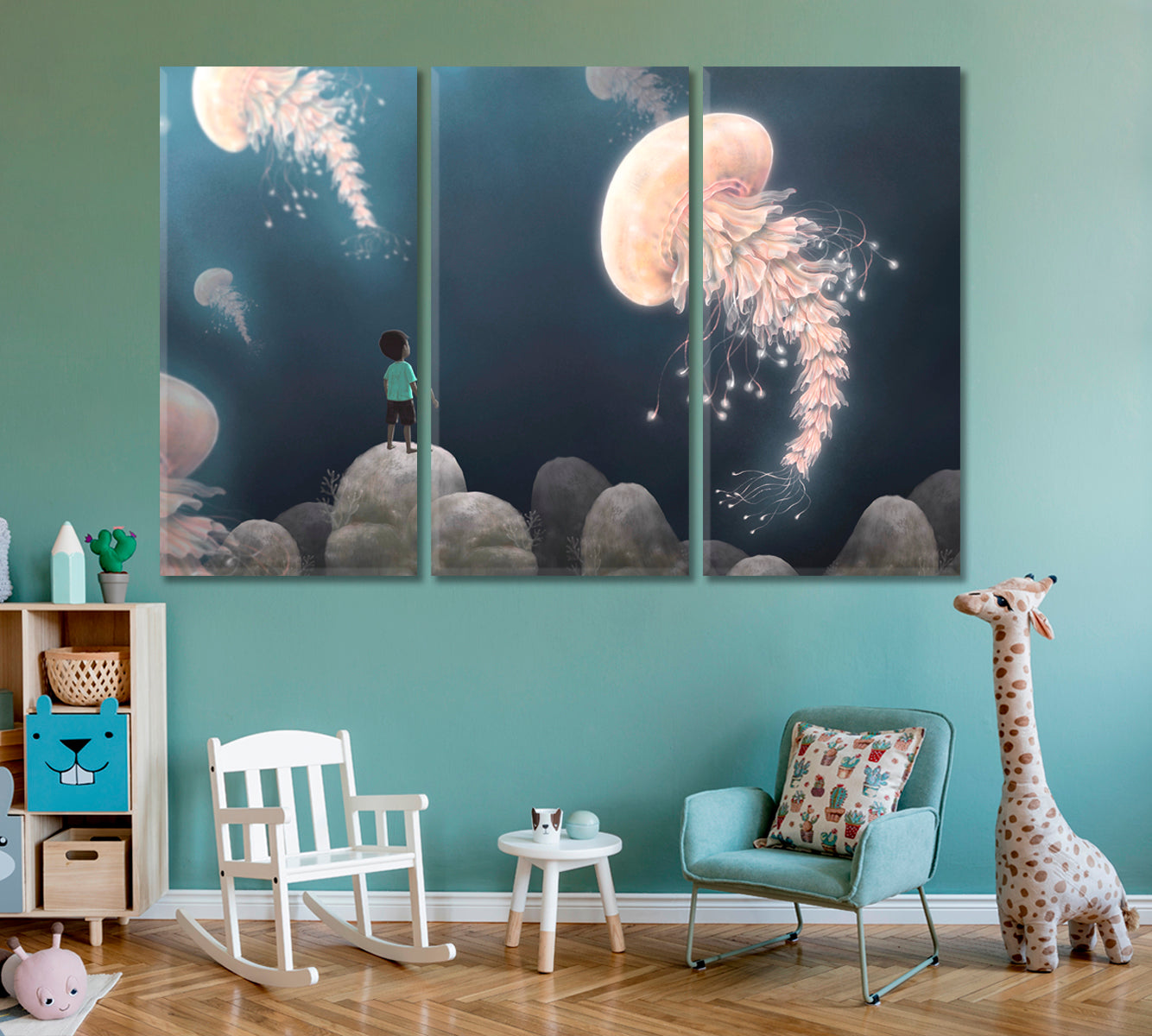 Fantasy Landscape Boy Giant Jellyfish Imaginary Surreal Painting Surreal Fantasy Large Art Print Décor Artesty 3 panels 36" x 24" 