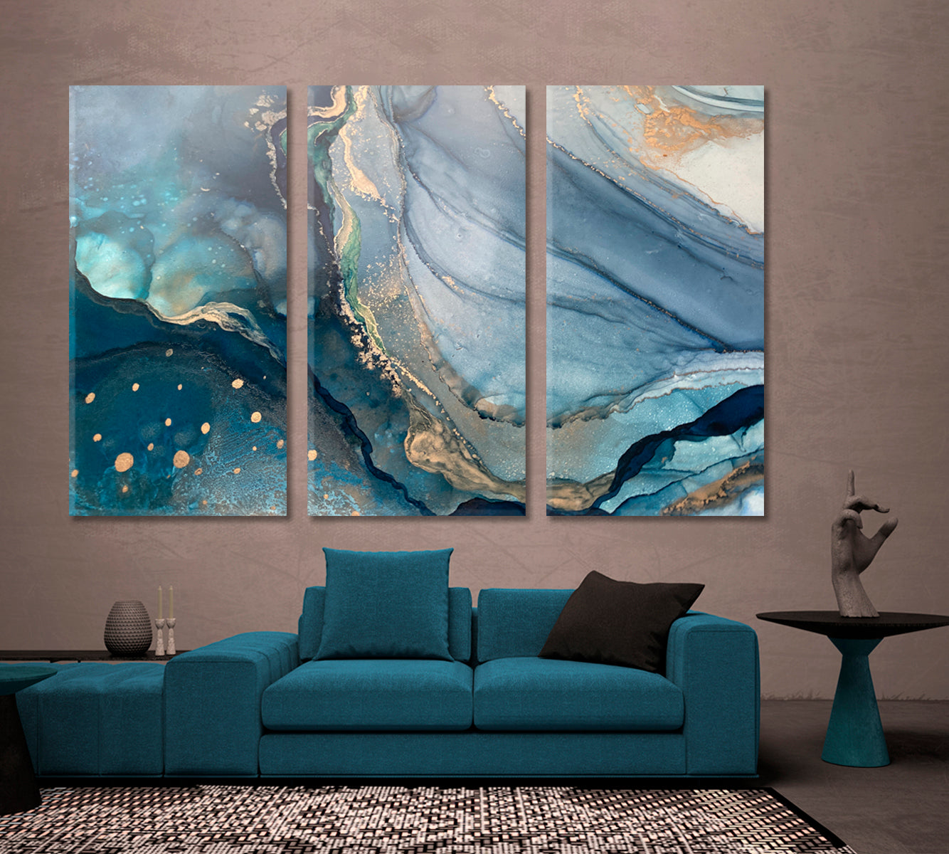 STREAKS STAINS Light Dark Blue Liquid Acrylic Fluid Art Gold Veins Fluid Art, Oriental Marbling Canvas Print Artesty 3 panels 36" x 24" 