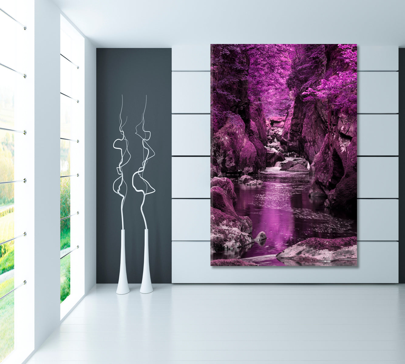 Beautiful Ethereal Landscape Deep-sided Gorge Rock Walls Stream Flowing Surreal Purple Foliage - Vertical Scenery Landscape Fine Art Print Artesty   