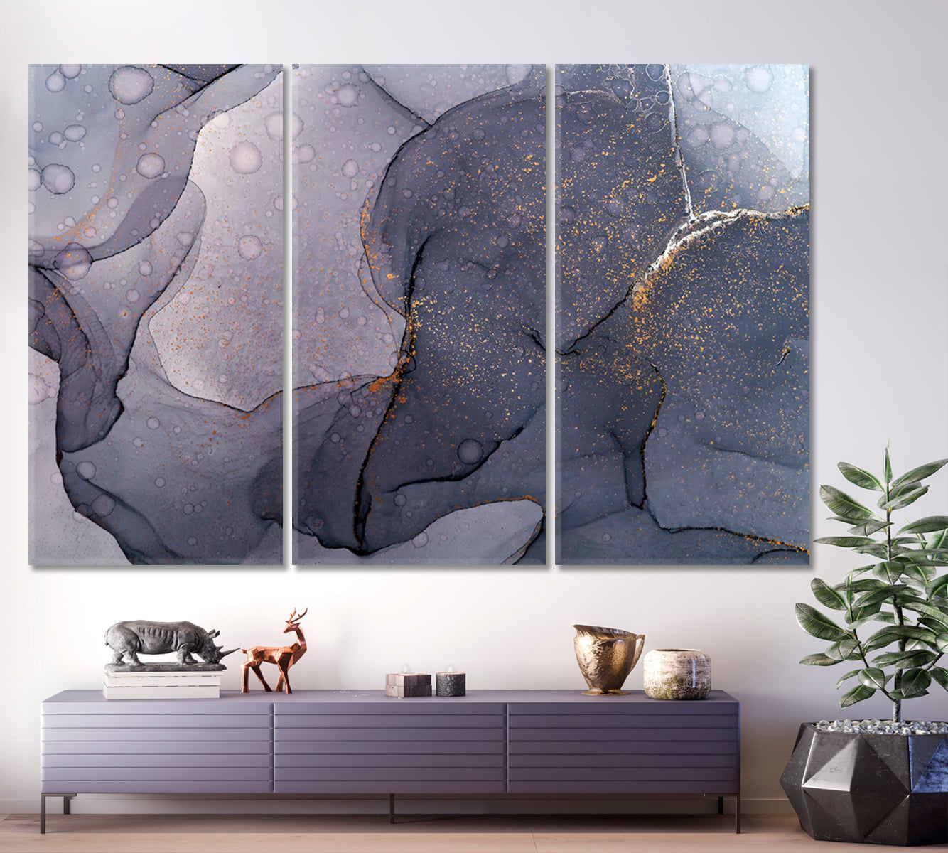 PURPLE Fluid Modern Marble Alcohol Ink Colors Translucent Fluid Art, Oriental Marbling Canvas Print Artesty 3 panels 36" x 24" 