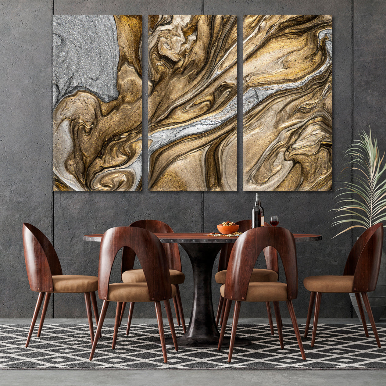 Ancient Oriental Abstract Marble Golden Ripple Effect Fluid Art Brown Grey Fluid Art, Oriental Marbling Canvas Print Artesty 3 panels 36" x 24" 