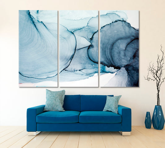 Blue Beautiful Natural Luxury Ancient Oriental Painting Fluid Art, Oriental Marbling Canvas Print Artesty 3 panels 36" x 24" 