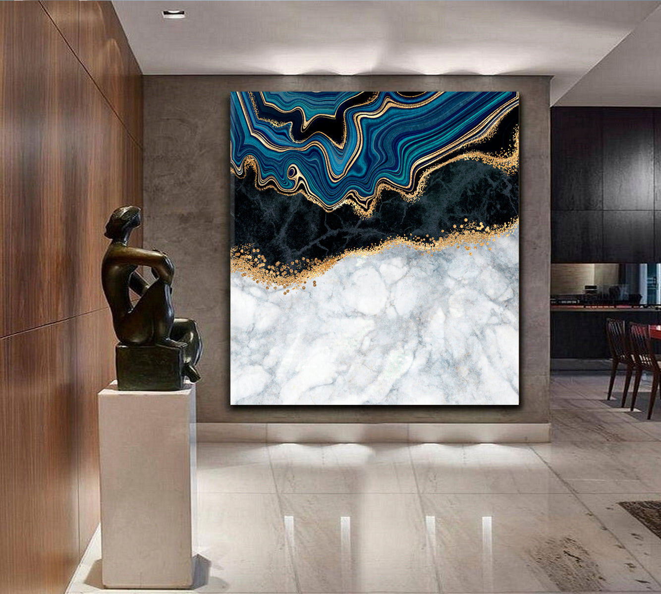 White Blue Black Gold Abstract Marble Effect Canvas Print - Square Fluid Art, Oriental Marbling Canvas Print Artesty   