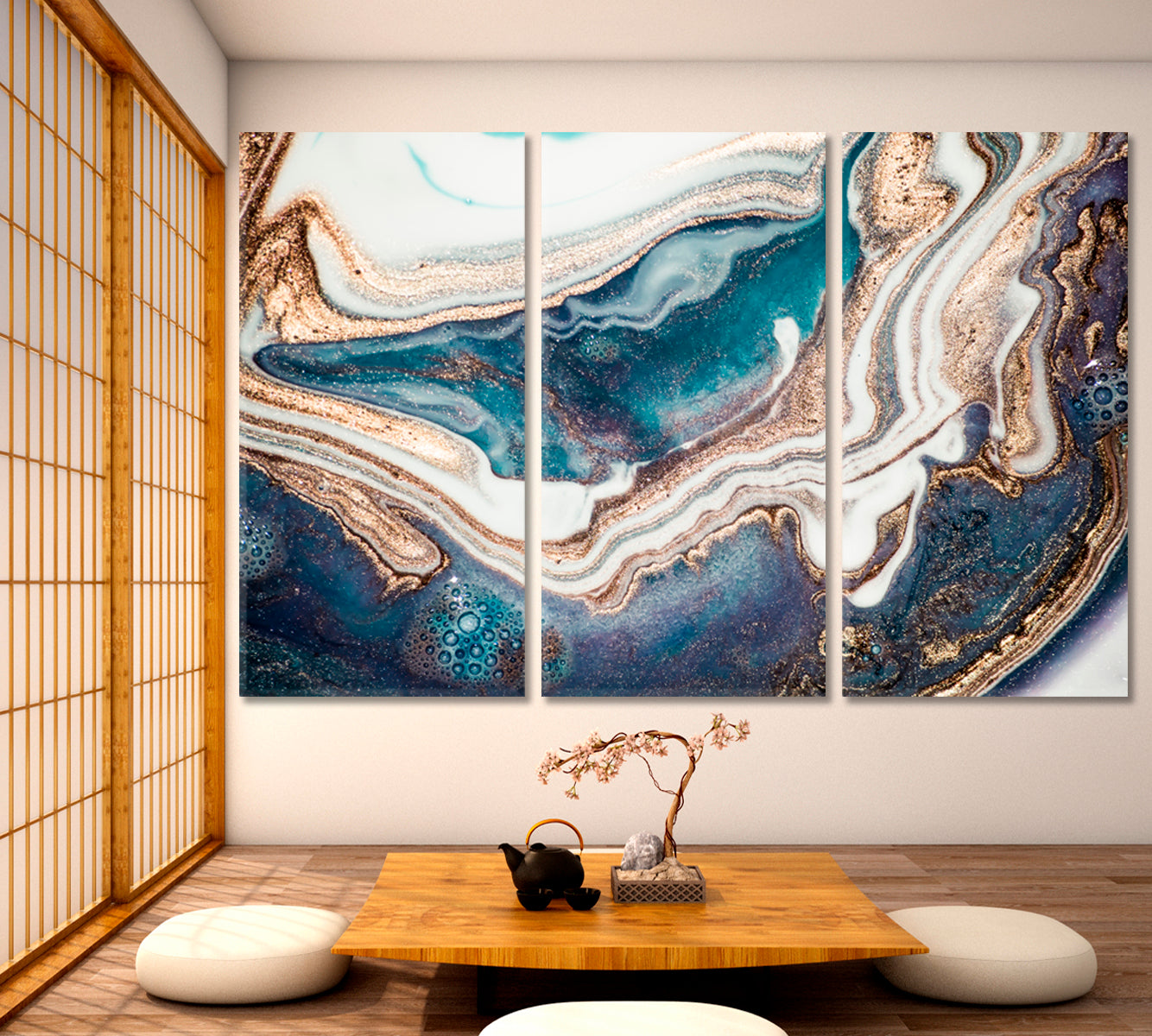 Trendy Style Marble Swirls Aroma Waves EBRU Fluid Art, Oriental Marbling Canvas Print Artesty 3 panels 36" x 24" 