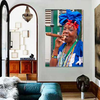 Havana Iconic distinct culture Cuba Attraction Lady Smoking Huge Cigar Canvas Print - Vertical Photo Art Artesty   