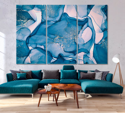 Blue Ink Colors Translucent Abstract Multicolored Marble Fluid Art, Oriental Marbling Canvas Print Artesty 3 panels 36" x 24" 