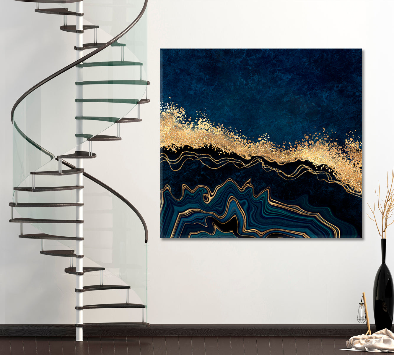 Navy And Gold Veins Abstract Marble Stone Effect Canvas Print - Square Abstract Art Print Artesty   