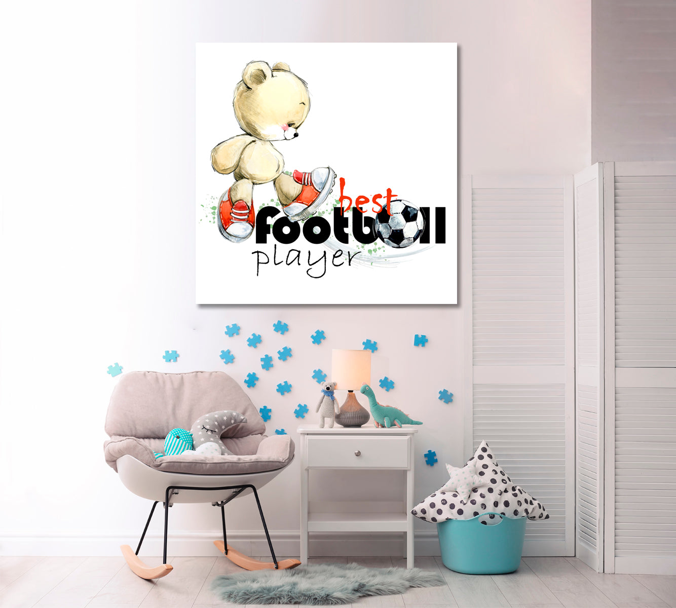 Best Football Player Cute Teddy Sweet Kids Baby Boy Nursery Room - S Kids Room Canvas Art Print Artesty   