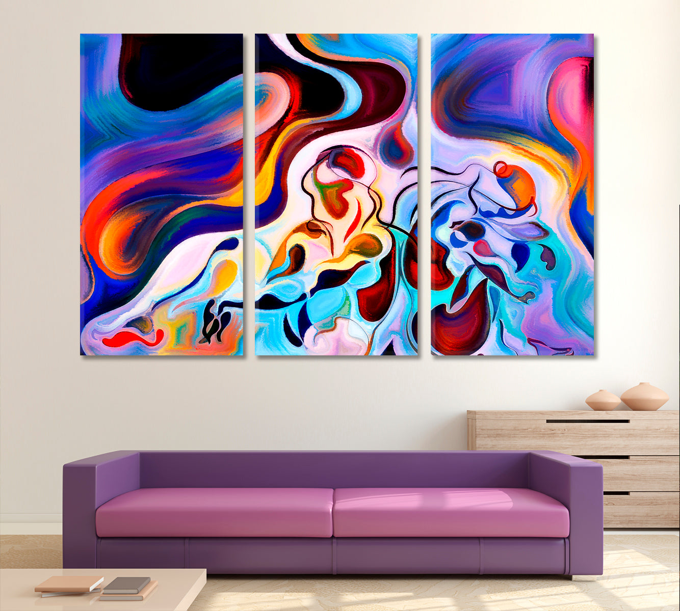 People And Bright Forms Abstract Art Print Artesty 3 panels 36" x 24" 