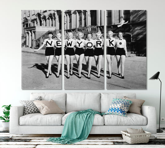 NEW YORK CITY Vintage Black and White Photo CHORUS LINE of Beautiful Women Vintage Affordable Canvas Print Artesty 3 panels 36" x 24" 