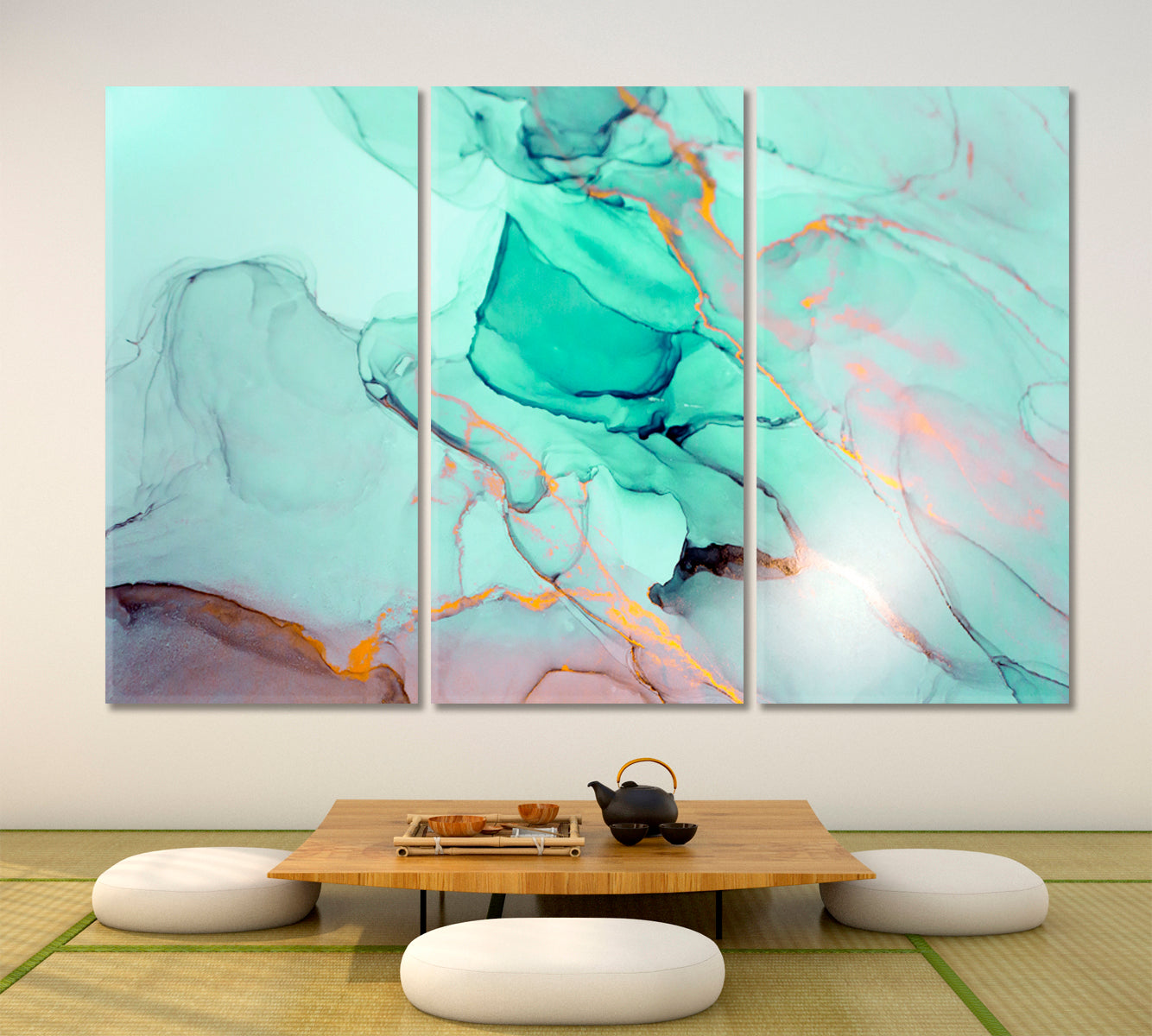 FRESH MINT Ink Colors Modern Marble Fluid Pattern Fluid Art, Oriental Marbling Canvas Print Artesty 3 panels 36" x 24" 