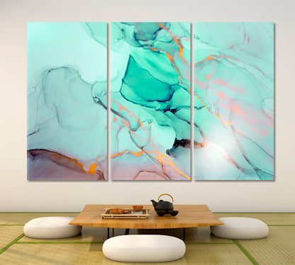 FRESH MINT Ink Colors Modern Marble Fluid Pattern Fluid Art, Oriental Marbling Canvas Print Artesty 3 panels 36" x 24" 