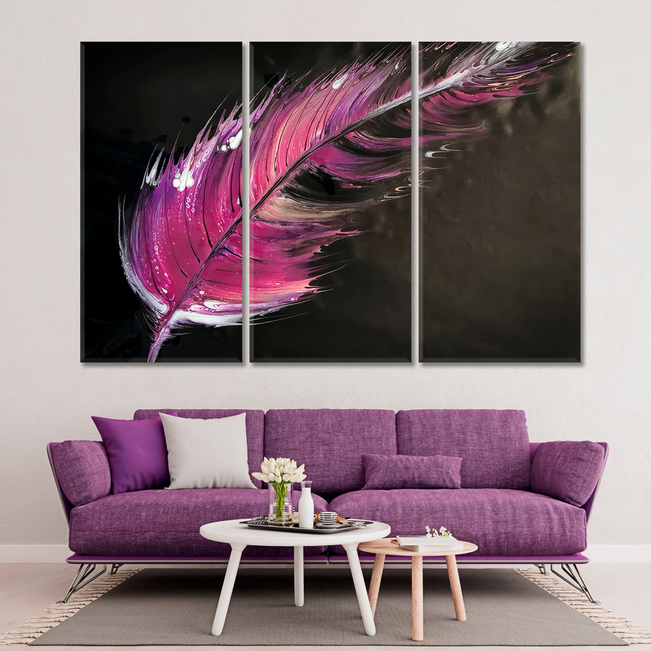 Pink Feather On Black Artwork Fine Art Artesty 3 panels 36" x 24" 