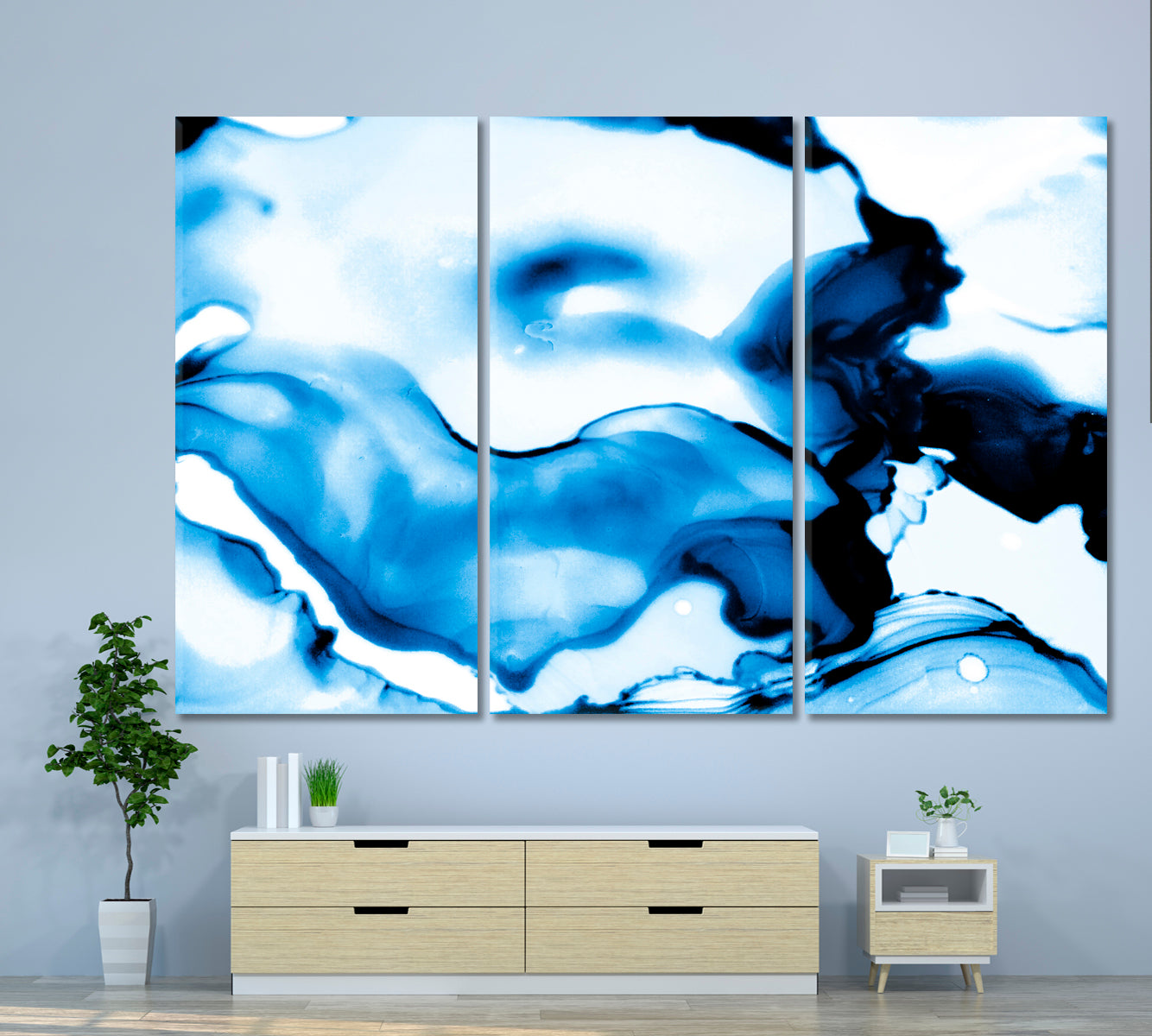 INK IN WATER Marble Abstract Clouds White Navy Blue Cold Colors Fluid Art, Oriental Marbling Canvas Print Artesty 3 panels 36" x 24" 