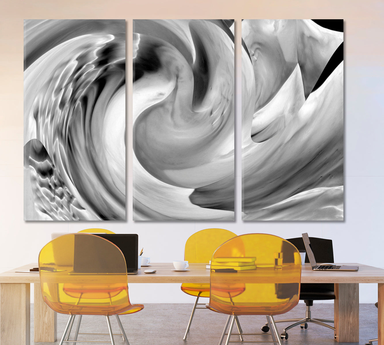 YIN YANG Symbol Vortex Abstract Wave B & W Black and White Wall Art Print Artesty 3 panels 36" x 24" 